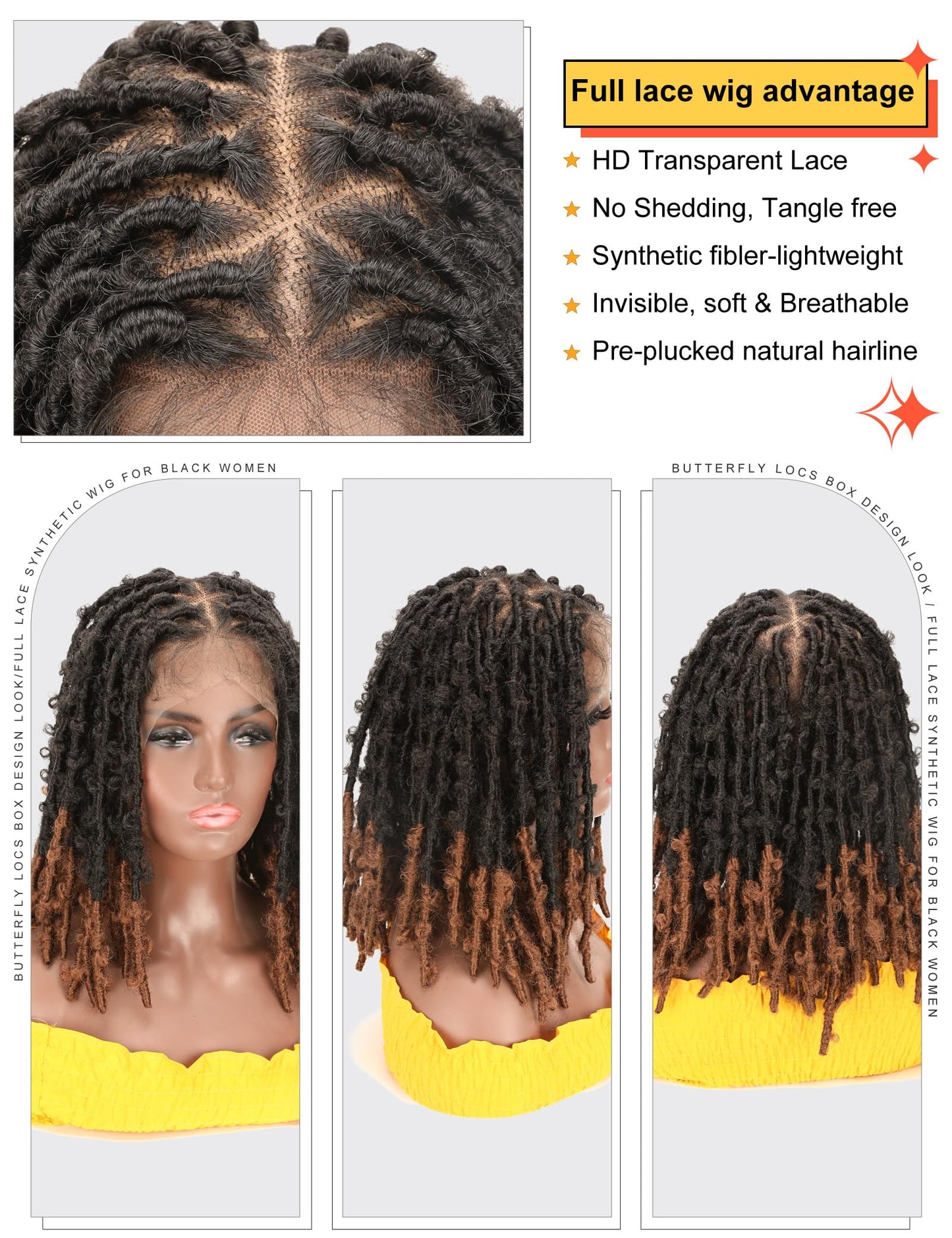 BEART Butterfly Locs Wig Braided Wigs for Black Women, 14 inch Full Lace Butterfly Locs Crochet Hair Short Braided Lace Front Wig with Baby Hair, Synthetic Box Braid Wig Faux Locs Wigs Dreadlock Wig