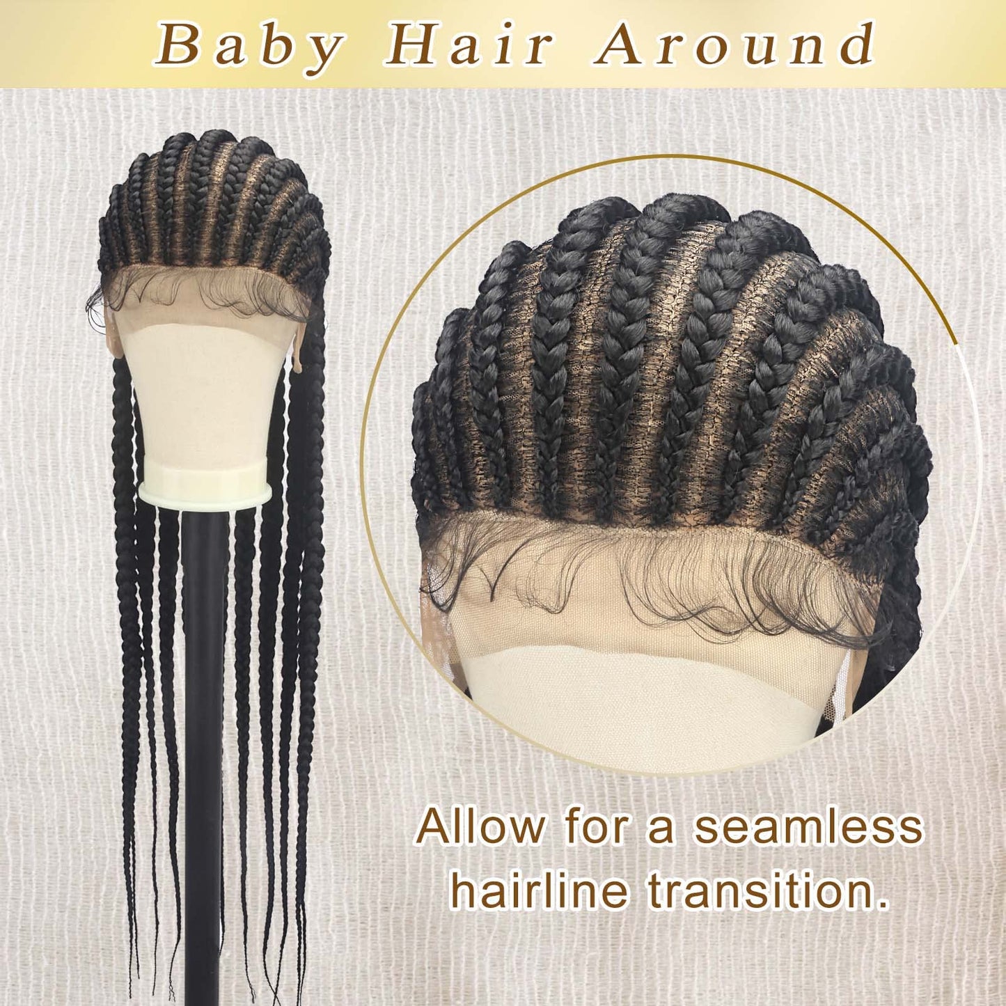 Alebery 36" Full Lace Braided Wigs for Black Women Jumbo Box Braids Lace Front Wig with Baby Hair Lightweight Synthetic Lace Frontal Black Cornrow Twisted Wigs (Black)