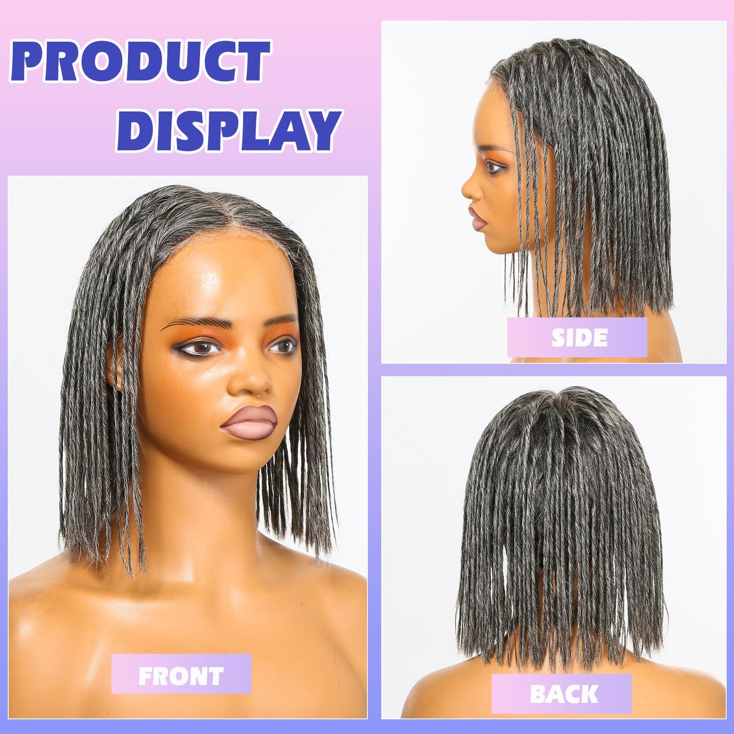 HANASCC Braided Wigs for Black Women Salt and Pepper Grey Twist Braid Wig Human Hair 10 inch Gray Glueless Short Bob Wig 5x5 HD Silk Base Lace Front 250% High Density