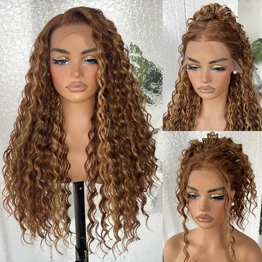 26Inch Honey Blonde Sunkissed Highlights Deep Curly Lace Front Wig for Black Women, 13x6 HD Glueless Curly Lace Front Wigs Pre-Plucked, 200 Density Synthetic Lace Frontal Wig, 26 inch #4/27
