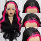 Fugady Black With Pink Highlight Body Wave Glueless Wig 13x4 Highlighted Heat Resistant Synthetic Lace Front Wig Pre Plucked 200 Density Loose Wave Wig With Baby Hair Colorful Wigs For Women 26 inch