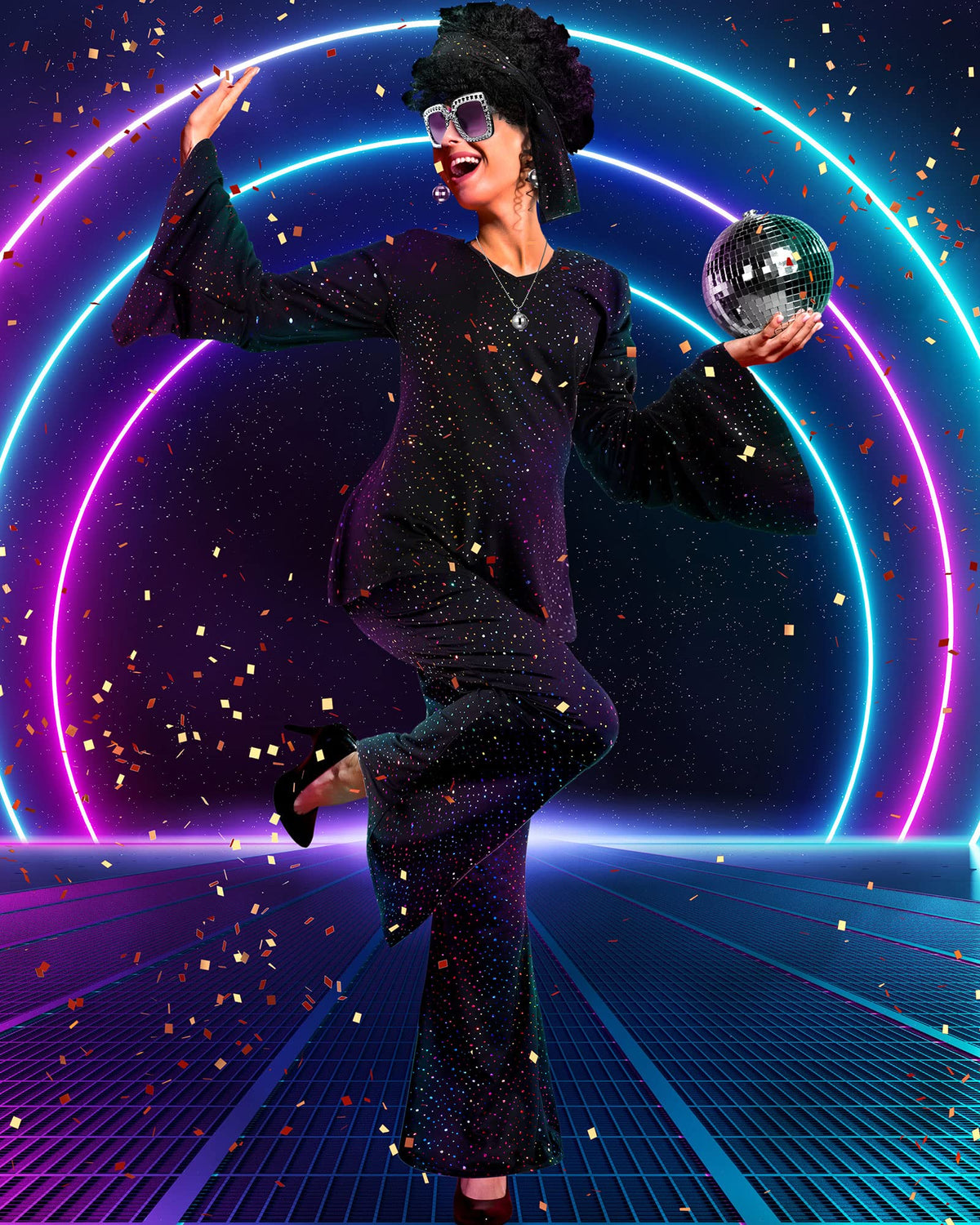 Jexine 70s Disco Outfit Women Sequin Sparkly Costume Black M