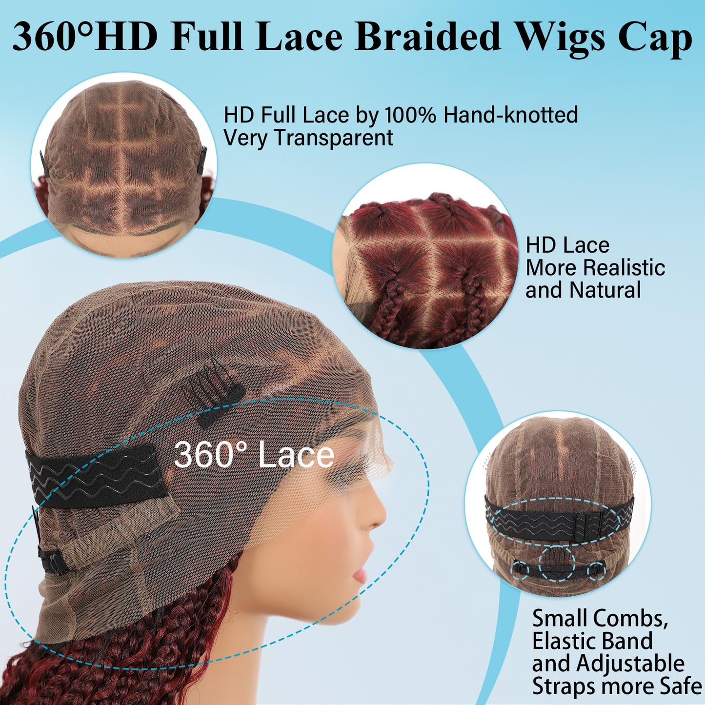 Olymei 360° HD Full Lace Knotless Braided Wigs for Black Women Boho Braided Wigs with Baby Hair Box Braid Wig Premium Synthetic Braid Lace Front Wig with Curly End Burgundy 36"