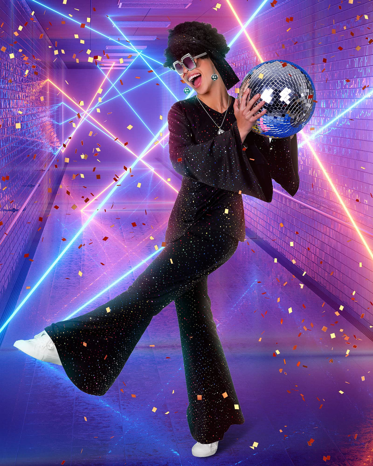 Jexine 70s Disco Outfit Women Sequin Sparkly Costume Black M