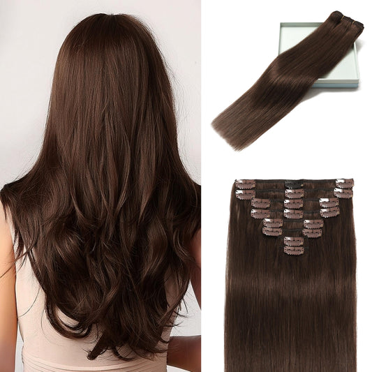 LORIEN Clip in Hair Extensions Real Human Hair, 24 Inch 120g, 4 Dark Brown, Clip in 100% Brazilian Remy Human Hair Extensions 8pcs Per Set with 18 Clips Double Weft