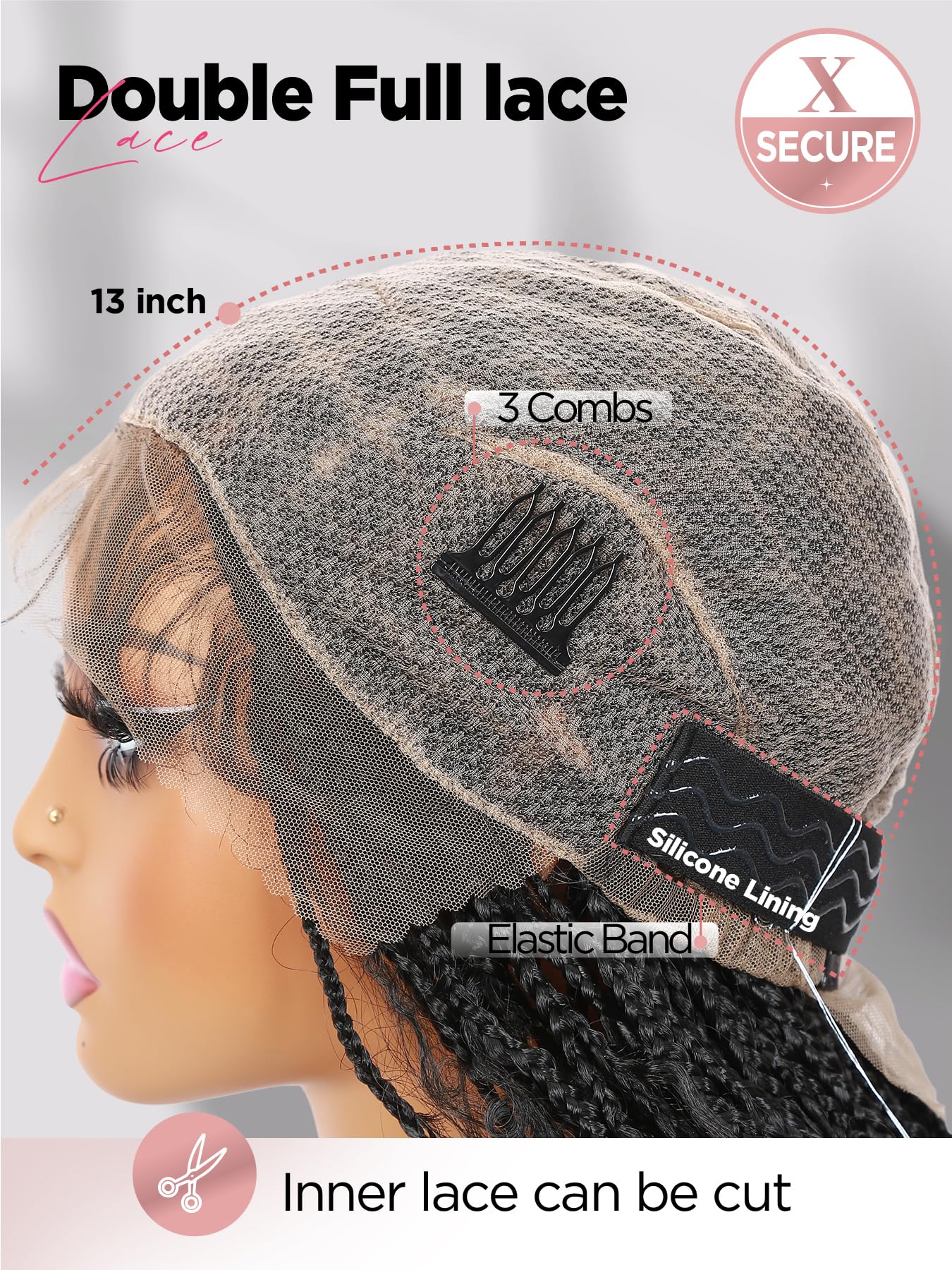 FANCEE Full Lace Box Braid Wig with Baby Hair Pre Plucked Knotless Square Part Braided Wig for Black Women Full Double Lace Frontal Synthetic Handmade Braids Natural Hairstyle(1b, 32")