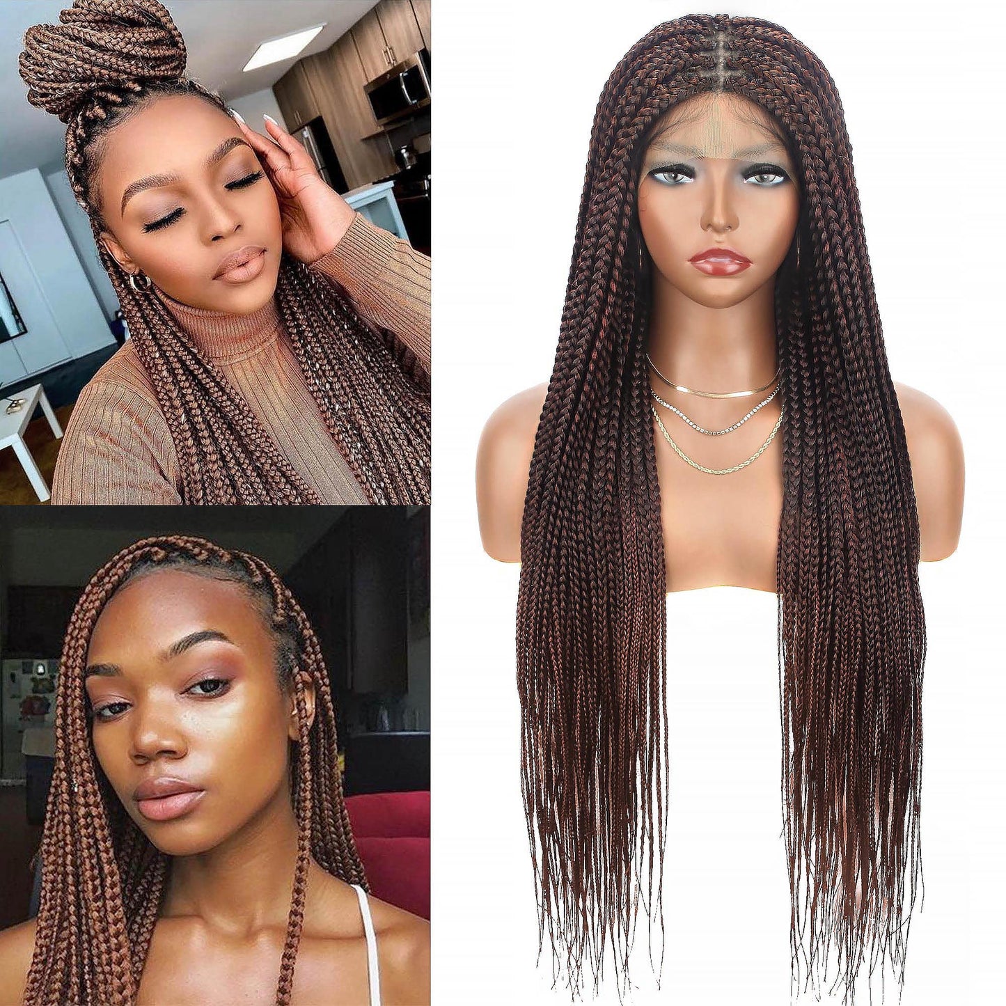 Alebery 36" Full Lace Knotless Box Braided Wigs for Black Women Knotless Box Braids Lace Front Wig with Baby Hair Lightweight Synthetic Lace Frontal Dark Brown Cornrow Twisted Braided Wigs (1B/30)