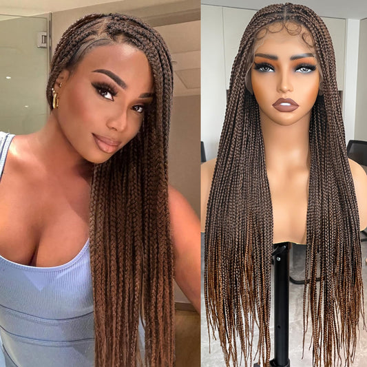 Suntefic Box Braided Wigs for Black Women Glueless Box Braids Wig with Baby Hair Double Full Lace Front Braid Wig Human Hair Blended Braided Wigs Box-1BT30