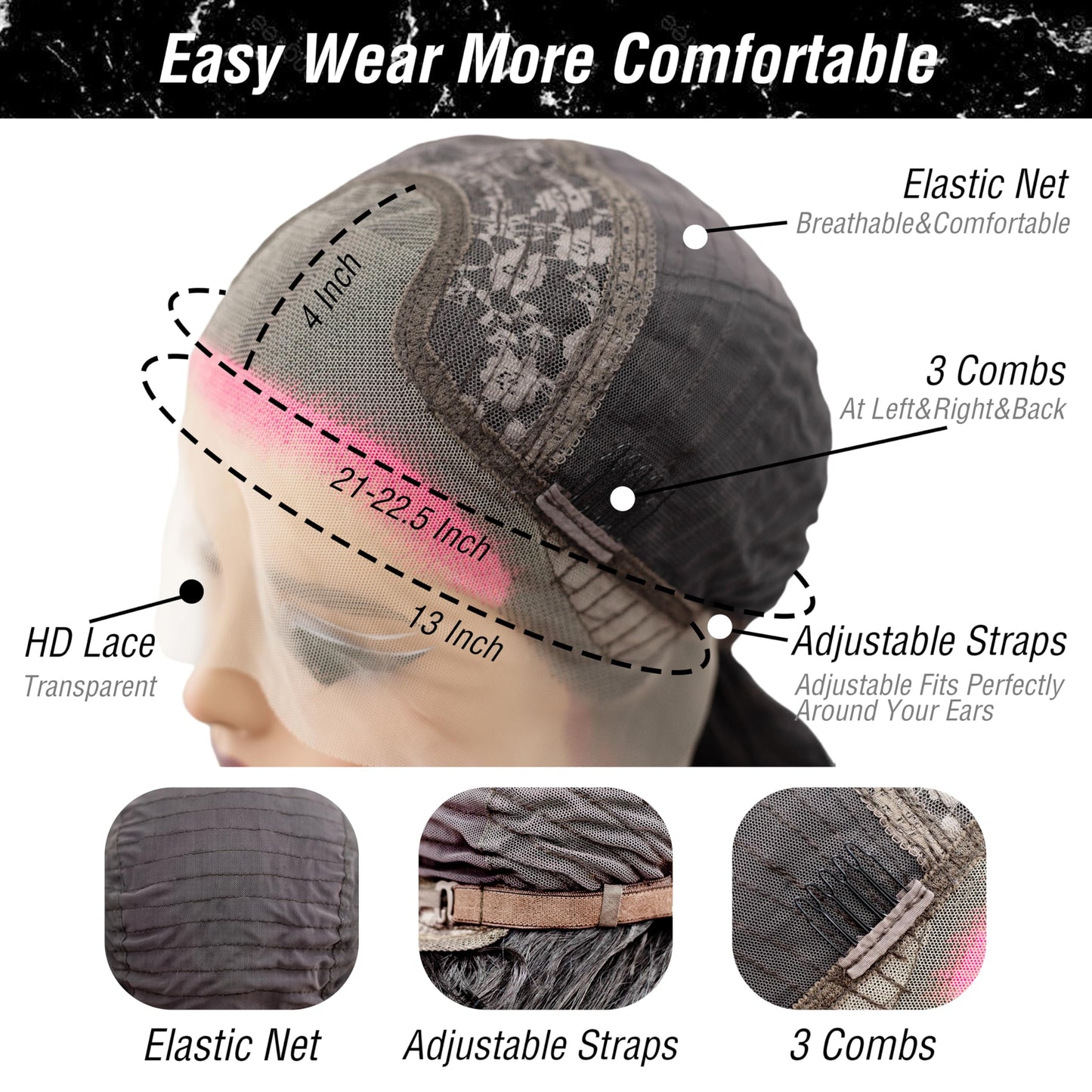 Fugady Black With Pink Highlight Body Wave Glueless Wig 13x4 Highlighted Heat Resistant Synthetic Lace Front Wig Pre Plucked 200 Density Loose Wave Wig With Baby Hair Colorful Wigs For Women 26 inch