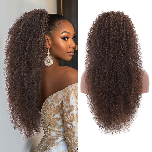 Youthfee Drawstring Ponytail for Women Deep Curly Ponytail Extension Synthetic Mixed with Human Hair Ponytails Dark Brown Afro Kinky Curly Pony for Daily wear,27 Inches