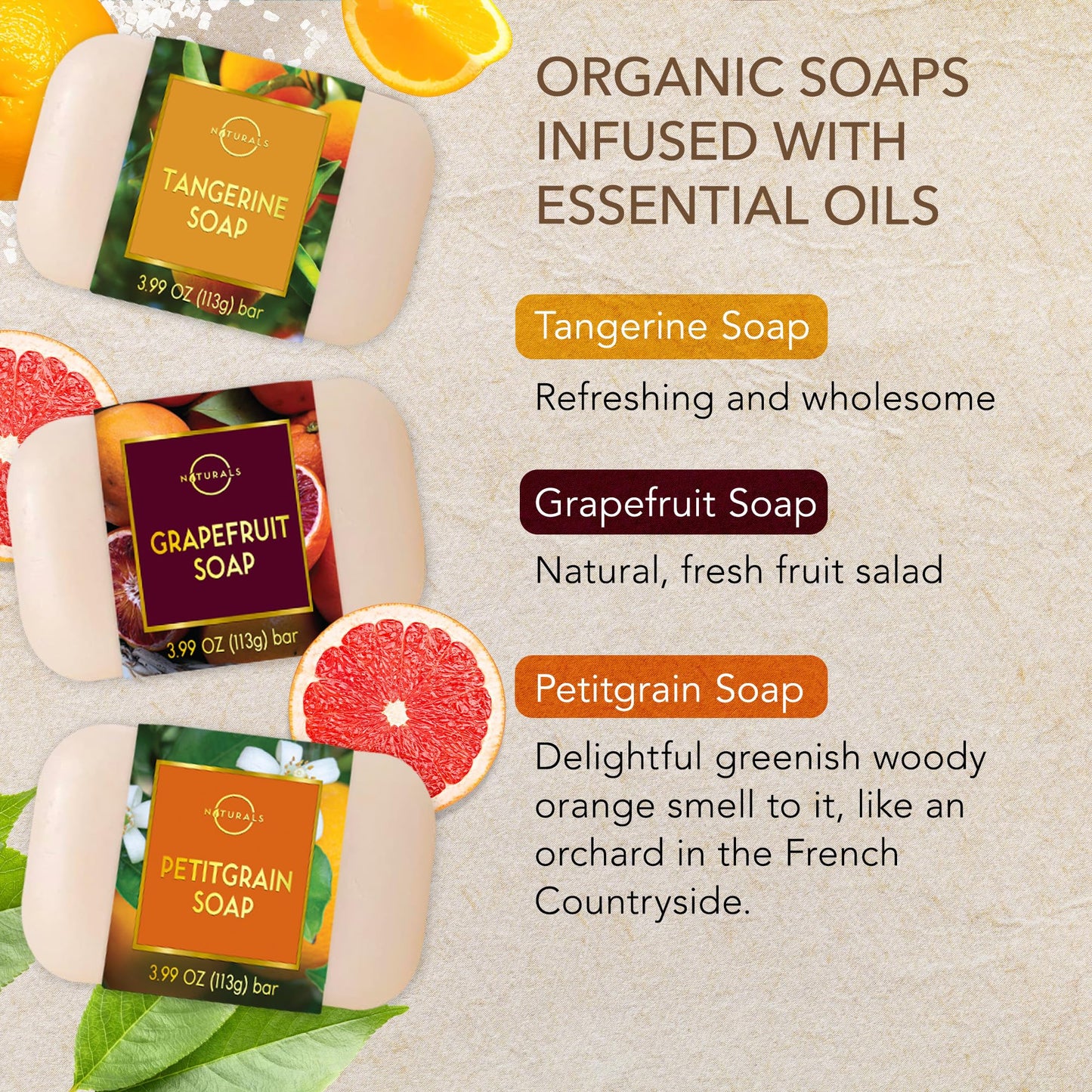 O NATURALS 100% Natural Bar Soap - Gift Set - Organic Ingredients & Essential Oils - Spa Gifts for Women & Men, Body Wash & Face Soap - 6PC Citrus Soap Collection
