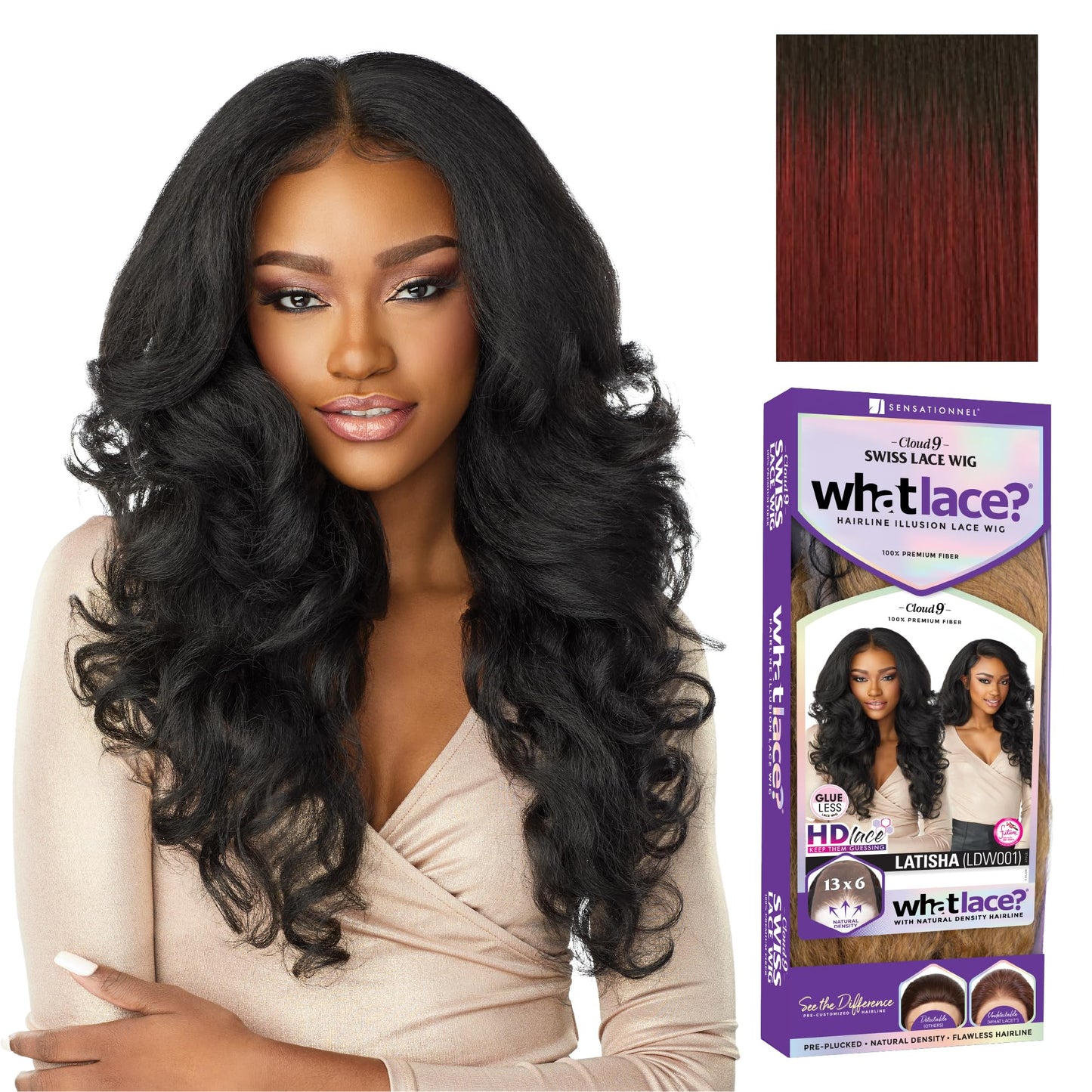 Sensationnel What Lace 13X6 Wigs - Latisha Lacefrontal Hand Tied Glueless Synthetic With Natural Density Preplucked Hairline (Tipped Off Black and Burgundy T1B/BG)
