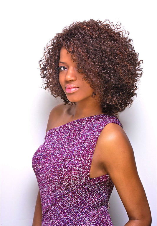 Mischa Wig Color 34 Dark Brown with Gray - Carefree Wigs Mid-Length Tight Curls Synthetic Curly Side Part African American Women's Machine Wefted Lightweight Average Cap
