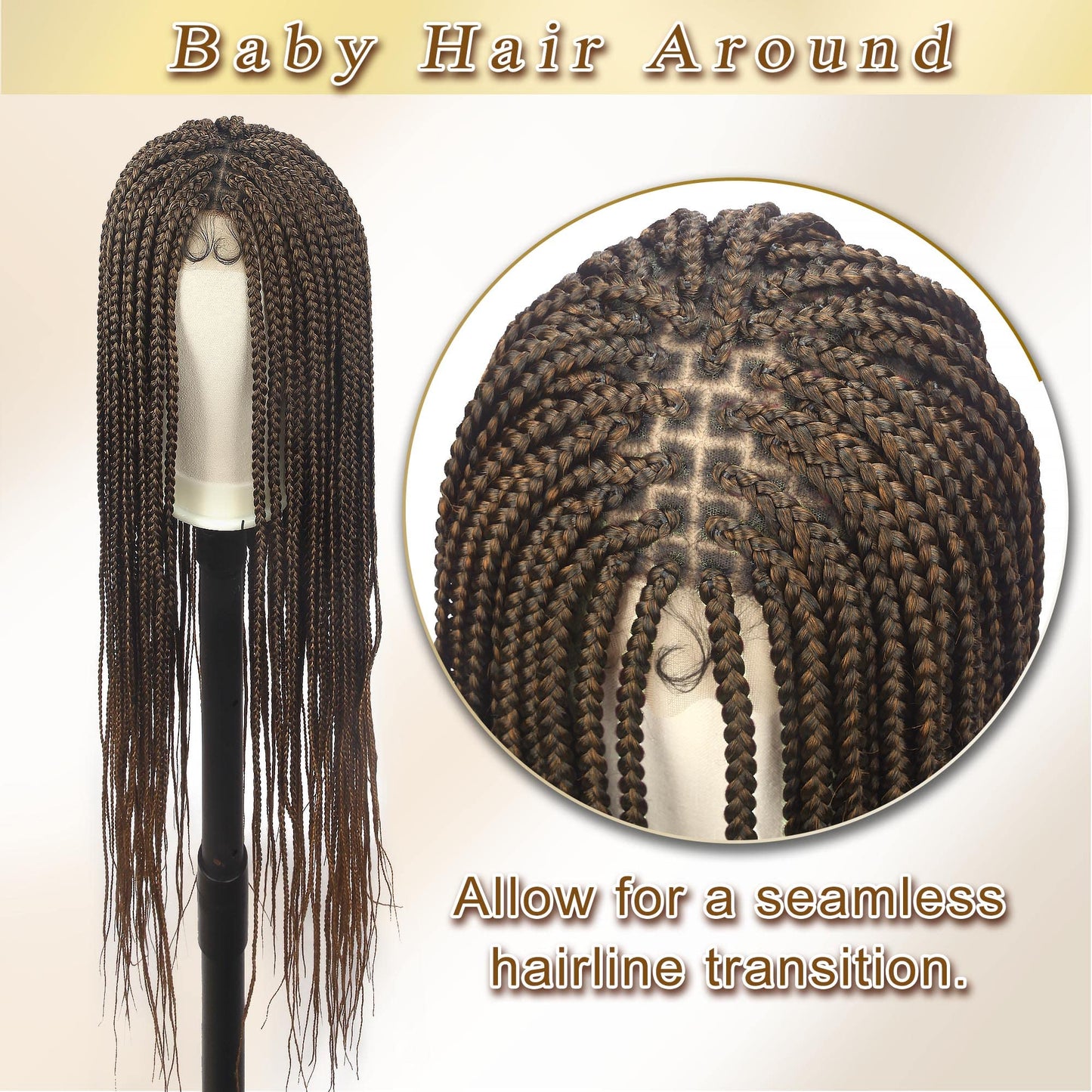 Alebery 36" Full Lace Knotless Box Braided Wigs for Black Women Knotless Box Braids Lace Front Wig with Baby Hair Lightweight Synthetic Lace Frontal Light Brown Cornrow Twisted Braided Wigs (1B/27)