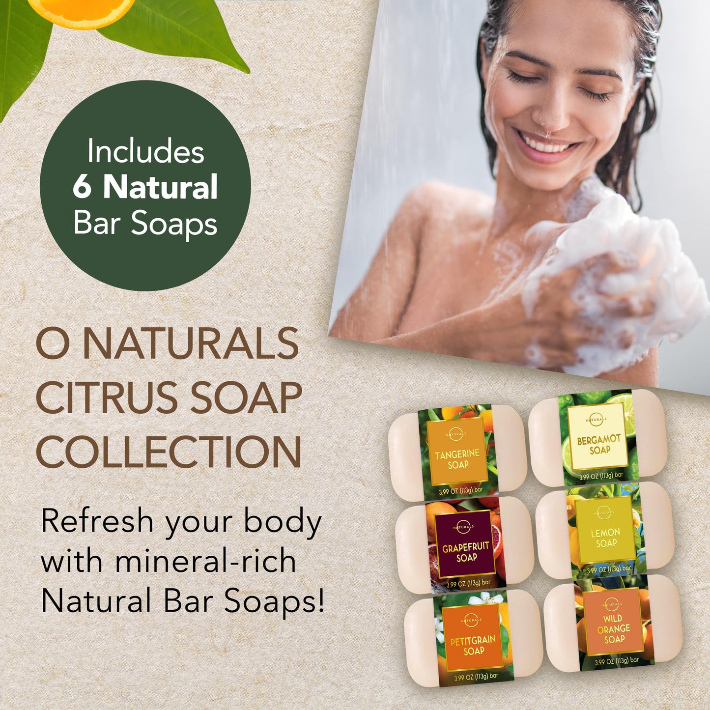 O NATURALS 100% Natural Bar Soap - Gift Set - Organic Ingredients & Essential Oils - Spa Gifts for Women & Men, Body Wash & Face Soap - 6PC Citrus Soap Collection