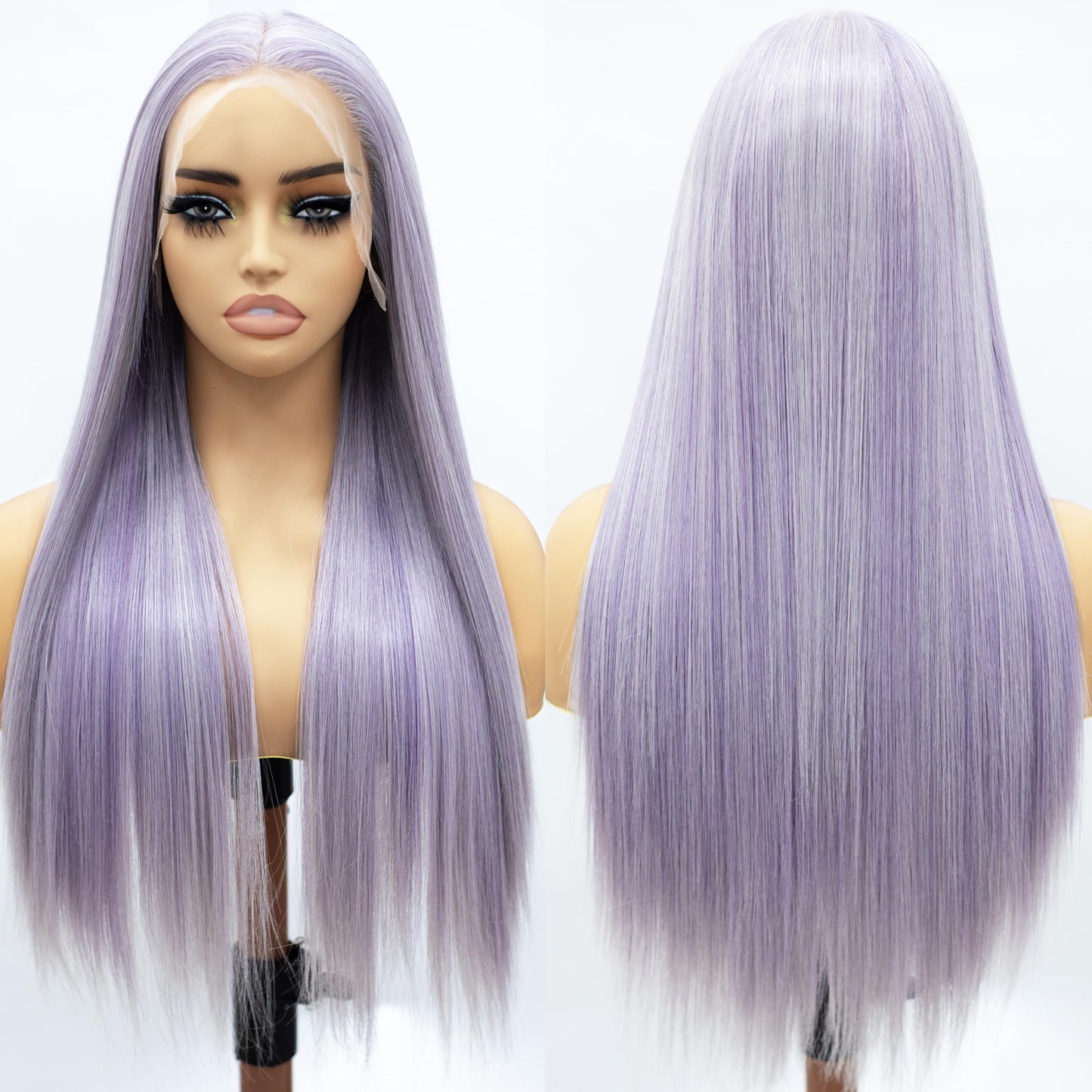 Fugady Long Light Purple Highlighted Glueless Straight Lace Front Wig Lavender 200 Density Pre Plucked Synthetic Heat Resistant Wig With Baby Hair Colorful Lace Wigs For Women Cosplay Party 26 inch