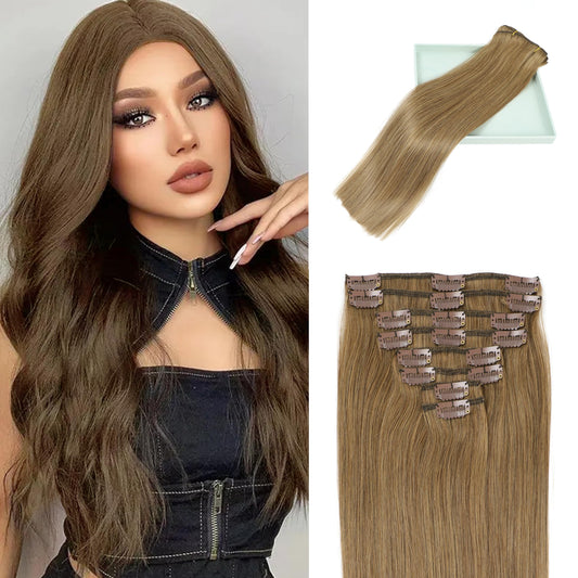 LORIEN Clip in Hair Extensions Real Human Hair, 24 Inch 120g, 6 Medium Brown, Clip in 100% Brazilian Remy Human Hair Extensions 8pcs Per Set with 18 Clips Double Weft