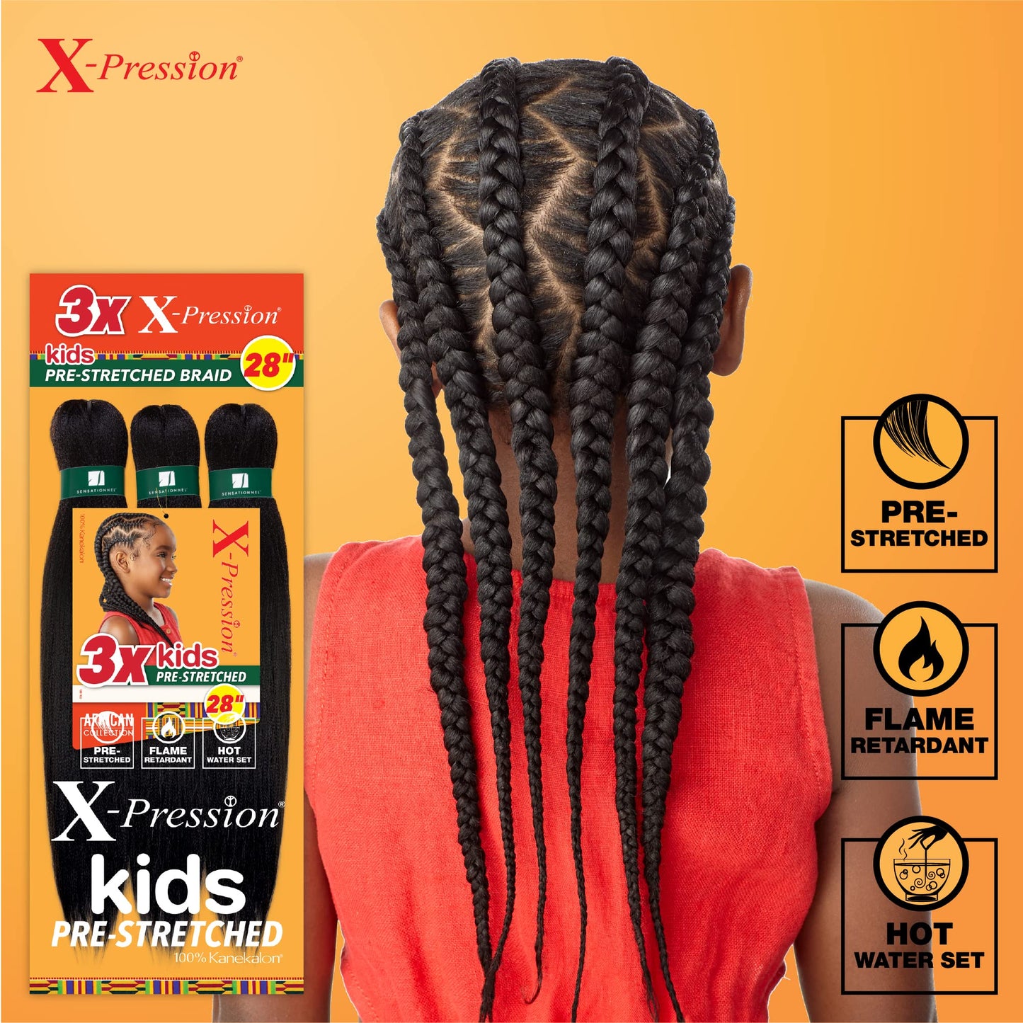 Sensationnel X-Pression Prestretched Braiding Hair - 3X Kids Braid 28 inch All Kanekalon Flame Retardant Synthetic Braid for Box Braids and Twists (1 pack, 1 JETBLACK)
