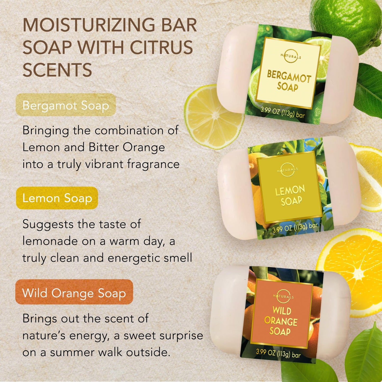 O NATURALS 100% Natural Bar Soap - Gift Set - Organic Ingredients & Essential Oils - Spa Gifts for Women & Men, Body Wash & Face Soap - 6PC Citrus Soap Collection