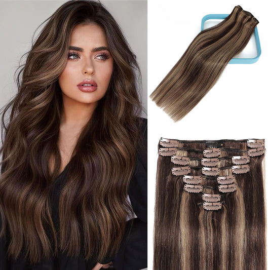 LORIEN Clip in Hair Extensions Real Human Hair, 18 Inch 100g, 2/6 Dark Brown to Chestnut Brown, Clip in 100% Brazilian Remy Human Hair Extensions 8pcs Per Set with 18 Clips Double Weft
