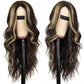 AISI HAIR Long Wavy Dark Brown with Blonde Highlight Lace Hairline Wigs for Women，Middle Part Synthetic Heat Resistant Wig for Daily Party-26 Inch