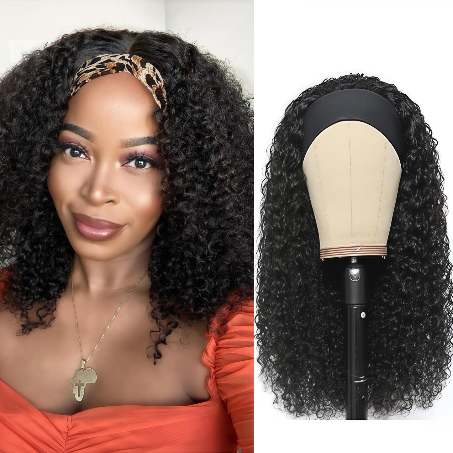 Semicaop Curly Headband Wig Human Hair 16 Inch Headband Wigs for Black Women Human Hair Glueless Wear and Go Human Hair Headband Wig Curly 150% Density Natural Black